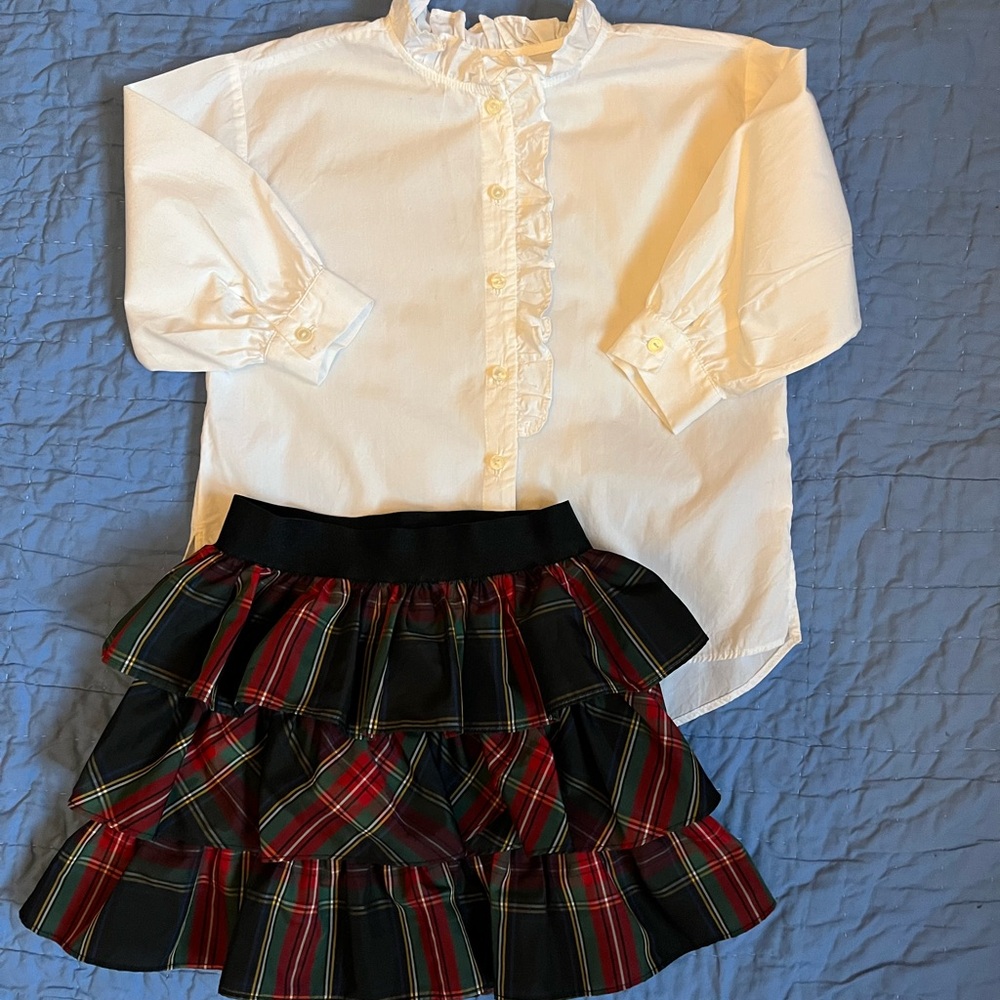 Girls Ralph Lauren Red & Black Plaid Ruffle Skirt White Zara blouse